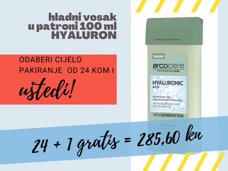 Patrona voska za depilaciju HYALURON 24+1 gratis - DEPILACIJAVoskovi u patronamaDEPILATORY (HAIR REMOVAL) PRODUCTSLiposoluble waxes in roll-on cartridges cijena, prodaja, Hrvatska